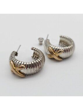 Vintage Avon Bold Silvertone X Hoop Clip Earrings 1"